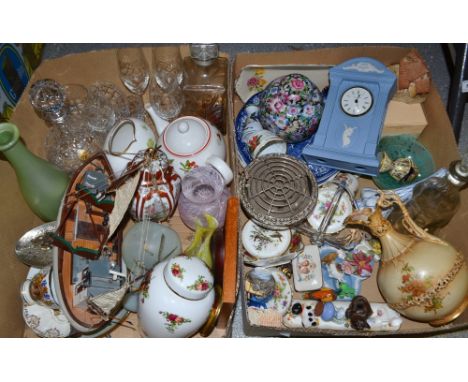 Ceramics and glass - A Tutbury  crystal decanter ; a Wedgewood blue jasper ware mantel clock ; a Royal Albert old country ros