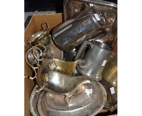 Silver-plate - an Edwardian oval entree dish;  a swing handle bowl;  chamber stick,  etc;  pewter tankards qty