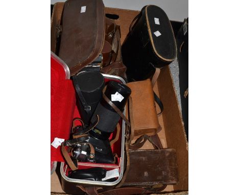 Photography - a Zenit-E 35mmcamera; Hoya lenses; Box Brownie; light meters; Agfa 35mm camera; binoculars, cased; etc