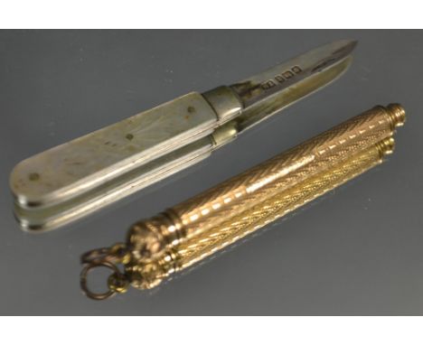 An Edwardian silver folding pocket fruit knife, mother of pearl handle, Sheffield 1802; a gold plated retractable telescopic 