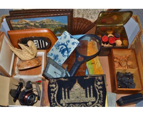 Boxes and Objects - a Staunton pattern chess set; a fishing reel; etc