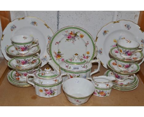 A Royal Crown Derby Posies pattern tea service for six, inc Tea pot, sucrier, milk jug, cups, saucers etc all with a green an