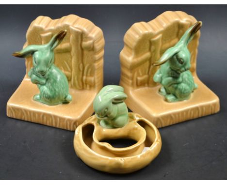 A pair of Sylvac rabbit bookends, no.1546; a Hornsea rabbit trough (3)