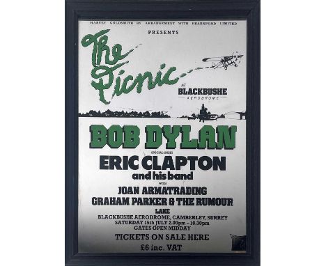 An original and rarely seen commemorative framed mirror c 1978 for the famous Blackbushe concert with Bob Dylan, Eric Clapton