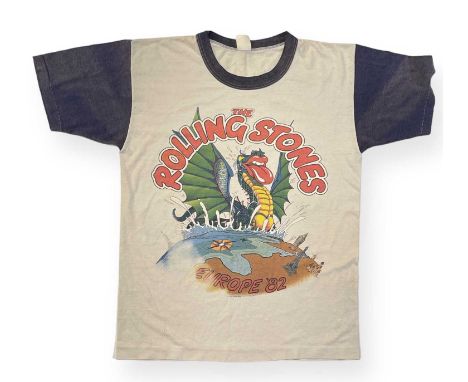 An original 1982 Rolling Stones European Tour t-shirt. 'Sportswear' label, size M. Some fading to print, staining/discolourat