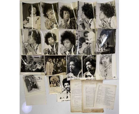 Collection of 16 variously sized (though most 8x10") glossy black and white vintage photo prints depicting Jimi Hendrix / Exp