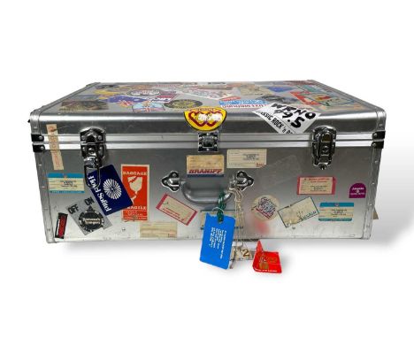 A solid and sturdy touring trunk (approx 73 x 33 x 46cm) adorned with many tour passes and stickers obtained during various J