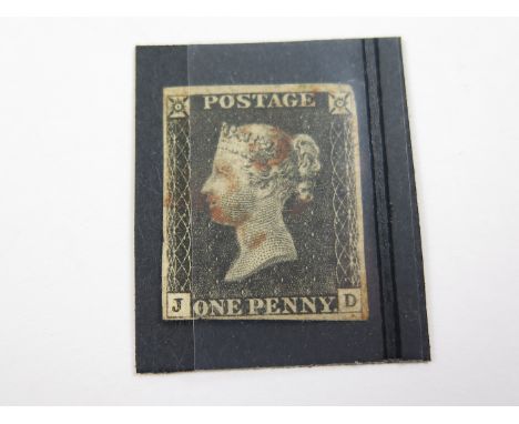 GB - 1840 1d Penny Black (J-D) identified as likely Plate 4, 4 margins, no tears or thins, very light crease lower-left, red 