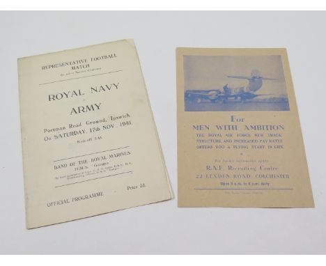 Royal Navy v Army at Portman Road, Ipswich. 17 Nov 1945. With original RAF flyer