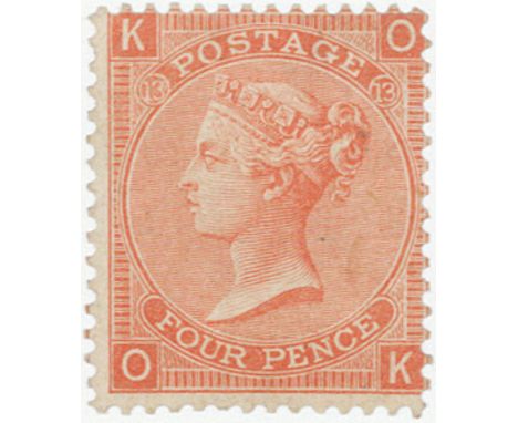 GB - QV Surface printed 4d vermilion (O-K) SG93 Plate 13, very fine unmounted mint, cat £650