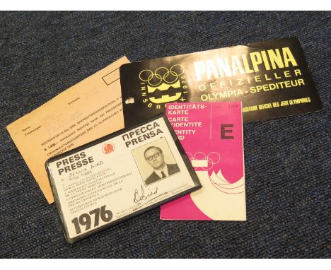 Olympic 1976 Winter in Innsbruck rare personal items re Dennis Bird who was the Times Reporter at Olympics. Includes ID Card,