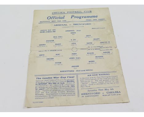 Arsenal v Brentford 2nd May 1942, played at Chelsea. London War Cup Semi-Final Tie. Single sheet