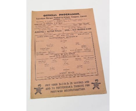 Tottenham v West Ham F/L South, 15th Sept 1945. Single sheet