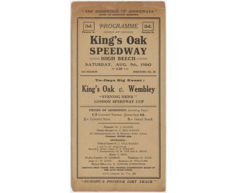 Speedway - extremely rare 3 piece fold out programme for Kings Oak High Beech v Wembley 9 Aug 1930. First Year at track based