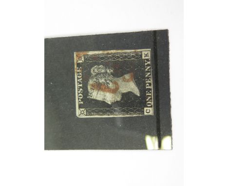 GB - 1840 1d Penny Black (C-K) identified as likely Plate 3, 4 margins, horizontal ironed-out crease, no tears or thins, red 