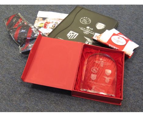 Amsterdam Tournament 2007 cased glass plaque engraved with crest of 4 competing teams Arsenal Ajax Lazio Athletico Madrid. In