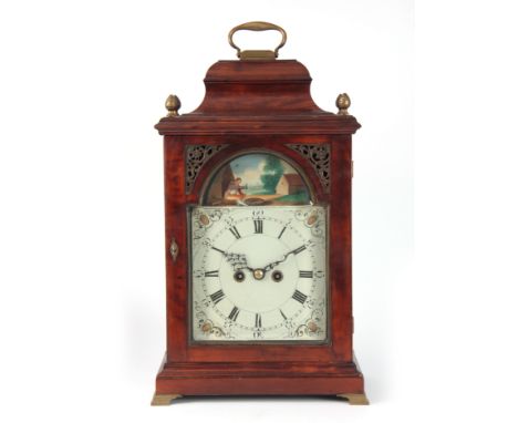 JOHN LOMAX, BLACKBURN. A GEORGE III MAHOGANY AUTOMATION BRACKET CLOCK with bell top case surmounted by a brass hinged handle 