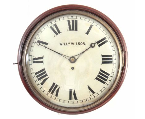 WILLIAM WILSON. A LATE REGENCY CONVEX DIAL WALL CLOCK having a moulded mahogany surround and cast brass locking bezel enclosi