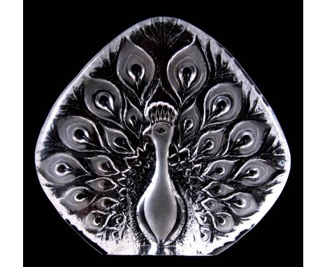 A 20TH CENTURY SCANDINAVIAN GLASS SCULPTURE OF A PEACOCK possibly Orrefors signed and numbered - 19cm high 20cm wide