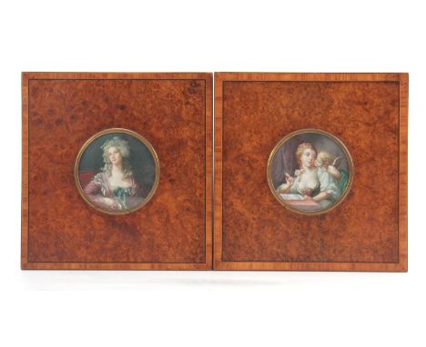 A PAIR OF 19TH CENTURY FRENCH CIRCULAR PORTRAIT MINIATURES ON IVORY depicting a bust portrait of Mademoiselle Caroline Rivièr
