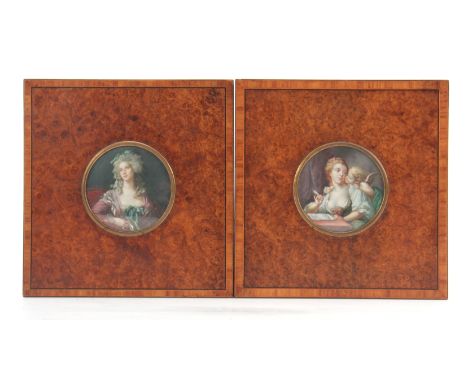 A PAIR OF 19TH CENTURY FRENCH CIRCULAR PORTRAIT MINIATURES ON IVORY depicting a bust portrait of Mademoiselle Caroline Rivièr