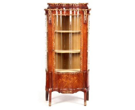 A 19TH CENTURY FRENCH ROSEWOOD, WALNUT AND MARQUETRY INLAID DOUBLE SERPENTINE FRONTED VITRINE WITH LEAF CAST GILT METAL MOUNT