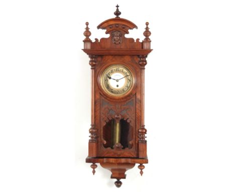 AN EARLY 20th CENTURY WALNUT CASED 400 DAY WALL CLOCK SIGNED JAHRESUHR the Vienna style case with detachable pediment above a