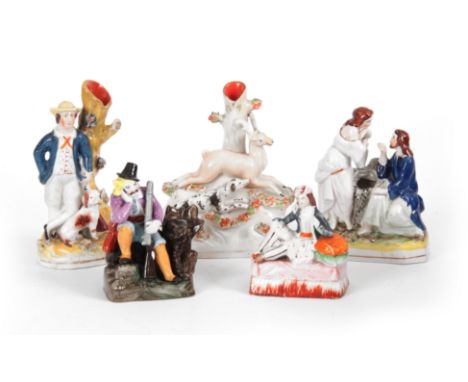 A SELECTION OF FIVE 19TH CENTURY STAFFORDSHIRE FIGURES comprising of a hound hunting staff spill vase - 16cm high 13cm wide; 