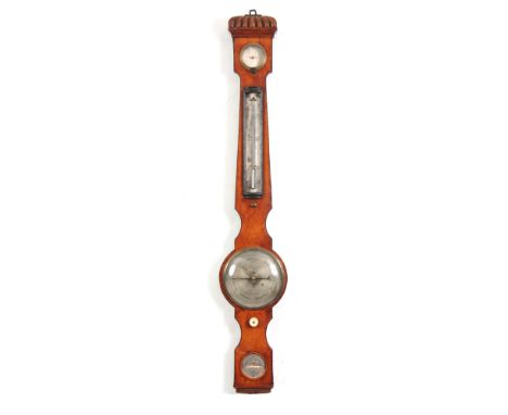 Tho. RUBERGALL 24 COVENTRY St. LONDON A LATE GEORGIAN 6" DIAL SATINWOOD WHEEL BAROMETER with engraved silvered dial and setti