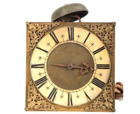 A LATE 17th CENTURY HOOK AND SPIKE WALL CLOCK having a 10" brass dial with crown and cherub spandrels and silvered Roman chap