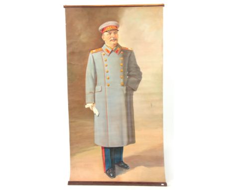 A 20TH CENTURY OIL ON CANVAS FULL-LENGTH PORTRAIT OF STALLIN in uniform 190cm high 102 wide - suspended by pine batons