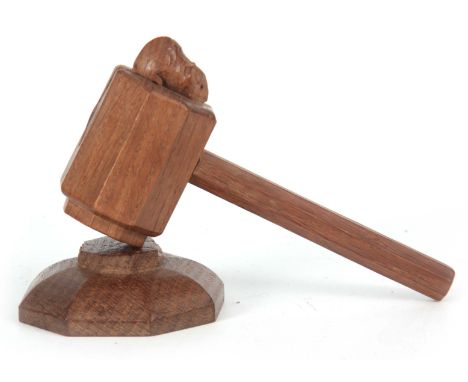 AN UNUSUAL  ROBERT 'MOUSEMAN' THOMPSON GAVEL ON STAND with signature mouse to the top and constructed of octagonal form 18cm 