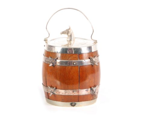 AN EARLY 20th CENTURY OAK AND SILVERPLATED NICKEL ICE BUCKET OF HUNTING INTEREST the oak barrel shape body mounted with fox m