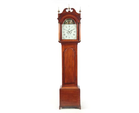 JOHN MOORE. WARMINSTER. A LATE GEORGE III MAHOGANY AUTOMATION LONGCASE CLOCK of small proportions, having a swan neck pedimen