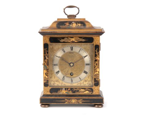 J.E. CALDWELL &amp; CO. PHILADELPHIA. AN EARLY 20th CENTURY CHINOISERIE LACQUERED MANTEL CLOCK the case with caddy top above 