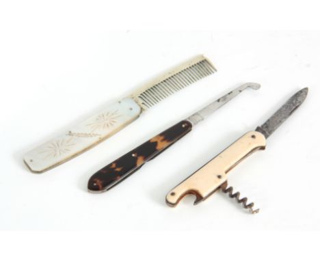 A 19TH CENTURY COMB with engraved mother of pearl handle and silver comb, TOGETHER WITH A SURGEONS IMPLEMENT AND A MULTI-TOOL