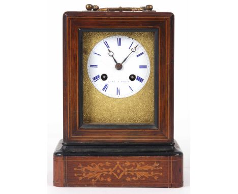 A MID 19th CENTURY FRENCH INLAID ROSEWOOD CASED CARRIAGE STYLE MANTLE CLOCK enclosing a 3" porcelain dial with scrollwork gil