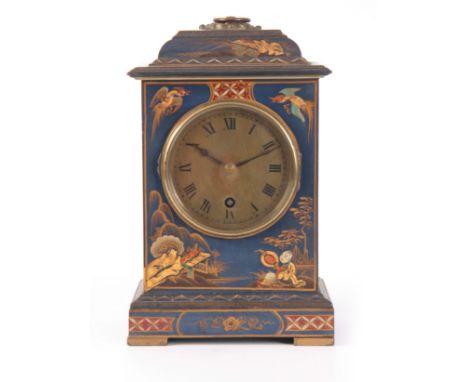 AN EARLY 20th CENTURY CHINOISERIE LACQUERED MANTEL CLOCK the case of rectangular form enclosing a 4" gilt dial with Roman num