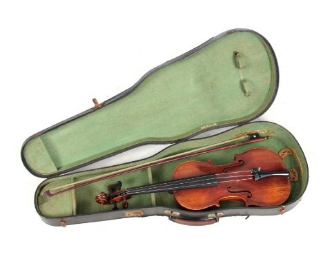 AN ANTIQUE VIOLIN length of back 36cm - sold in a viola case with a bow.