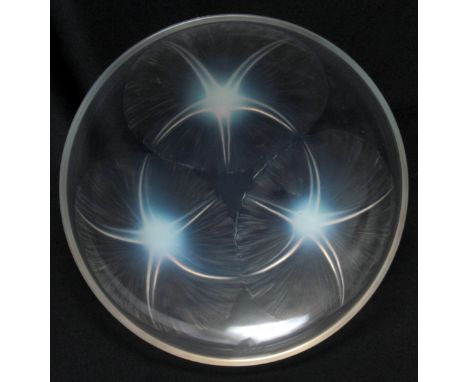 A R LALIQUE VOLUBILIS OPALESCENT GLASS DISH having Lily designs to the centre, signed with impressed mark 21.5cm diameter. 