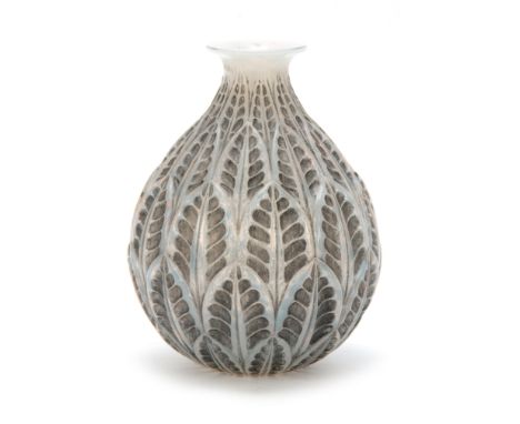 AN R, LALIQUE MALESHERBES CASED OPALESCENT AND GREY STAINED VASE having a bulbous body with leaf work decoration engraved sig