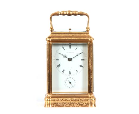 A LATE 19TH CENTURY FRENCH FULLY ENGRAVED GORGE CASED REPEATING CARRIAGE CLOCK the foliate and scroll engraved moulded case e