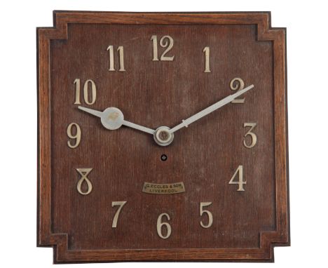 G. ECCLES &amp; SON, LIVERPOOL. AN OAK ART DECO FUSEE WALL CLOCK the 38cm squared dial with applied silvered brass Arabic num