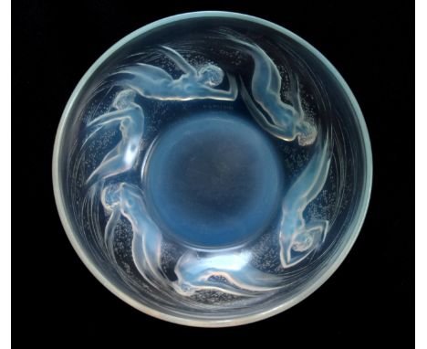 R LALIQUE FRANCE, AN EARLY 20TH CENTURY OPALESCENT RELIEF MOULDED LARGE BOWL WITH RAISED CENTRE "ONDINES'' under decorated wi