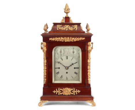 A LATE 19th CENTURY MAHOGANY EIGHT BELL QUARTER CHIMING BRACKET CLOCK the case with bell top pediment surmounted by five pine