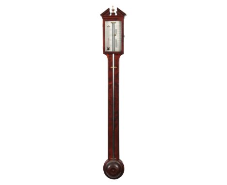 G DIXEY, 3 NEW BOND STREET, LONDON. A GEORGE III MAHOGANY DOOR STICK BAROMETER with architectural pediment above a silvered d