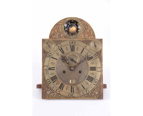 JOHN STEPHENS, BRISTOL. A GEORGE II SPHERICAL MOON LONGCASE CLOCK MOVEMENT the 12" arched brass dial with engraved chapter ri