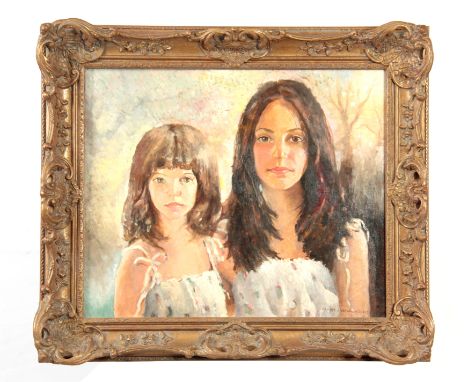 SHERREE VALENTINE DAINES 1981. OIL ON CANVAS. Portrait of two young girls 49cm high 60cm wide - in a gilt swept moulded frame