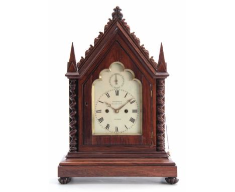 FRODSHAM, GRACECHURCH ST. LONDON A MID 19th CENTURY GOTHIC ROSEWOOD BRACKET CLOCK having an architectural pediment above a gl