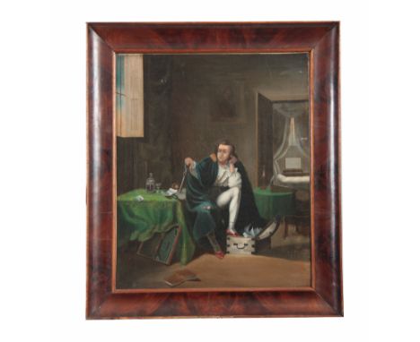 19TH CENTURY OIL ON CANVAS. Interior scene with seated portrait of a gentleman 60cm high, 50cm wide - veneered Mahogany frame